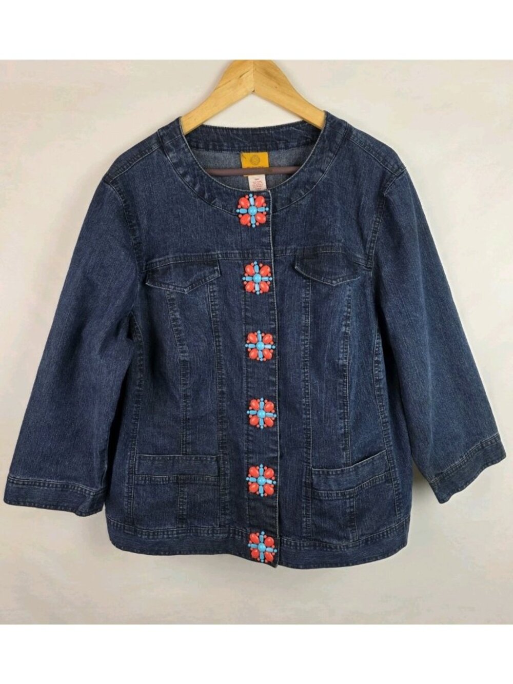 Ruby Rd. Jean Jacket Women's Size 18W Blue Denim Snap 3/4 Sleeve Beaded Top